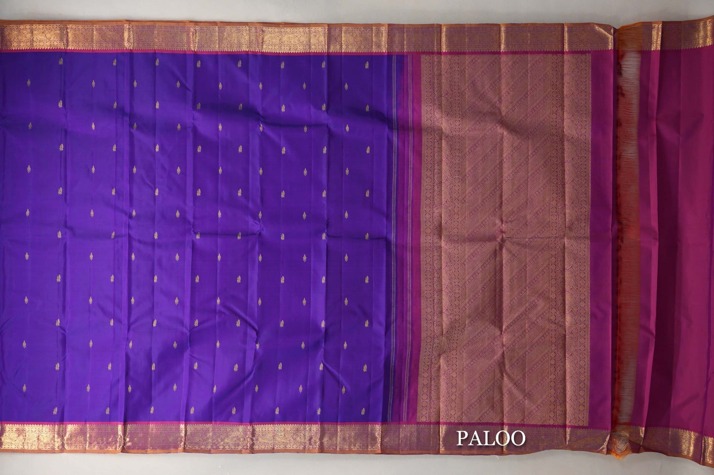 Indigo Violet with Dual Tone of Violet & Orange with Copper Orange Selvedge Vintage Kanjivaram Silk Saree paloo