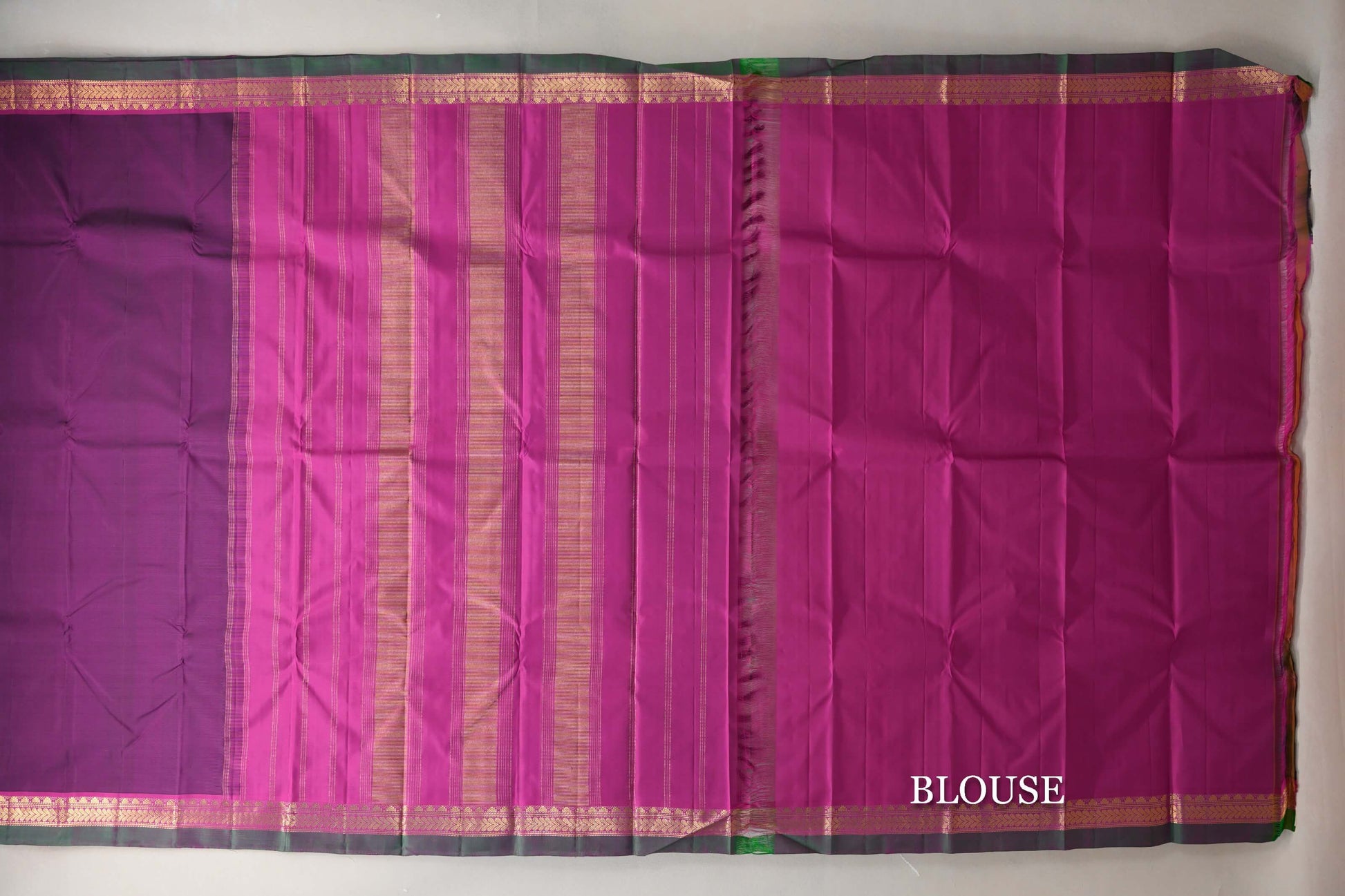 Deep Magenta with Magenta & Bottle Green Selvedge Borders Vintage Kanjivaram Silk Saree blouse