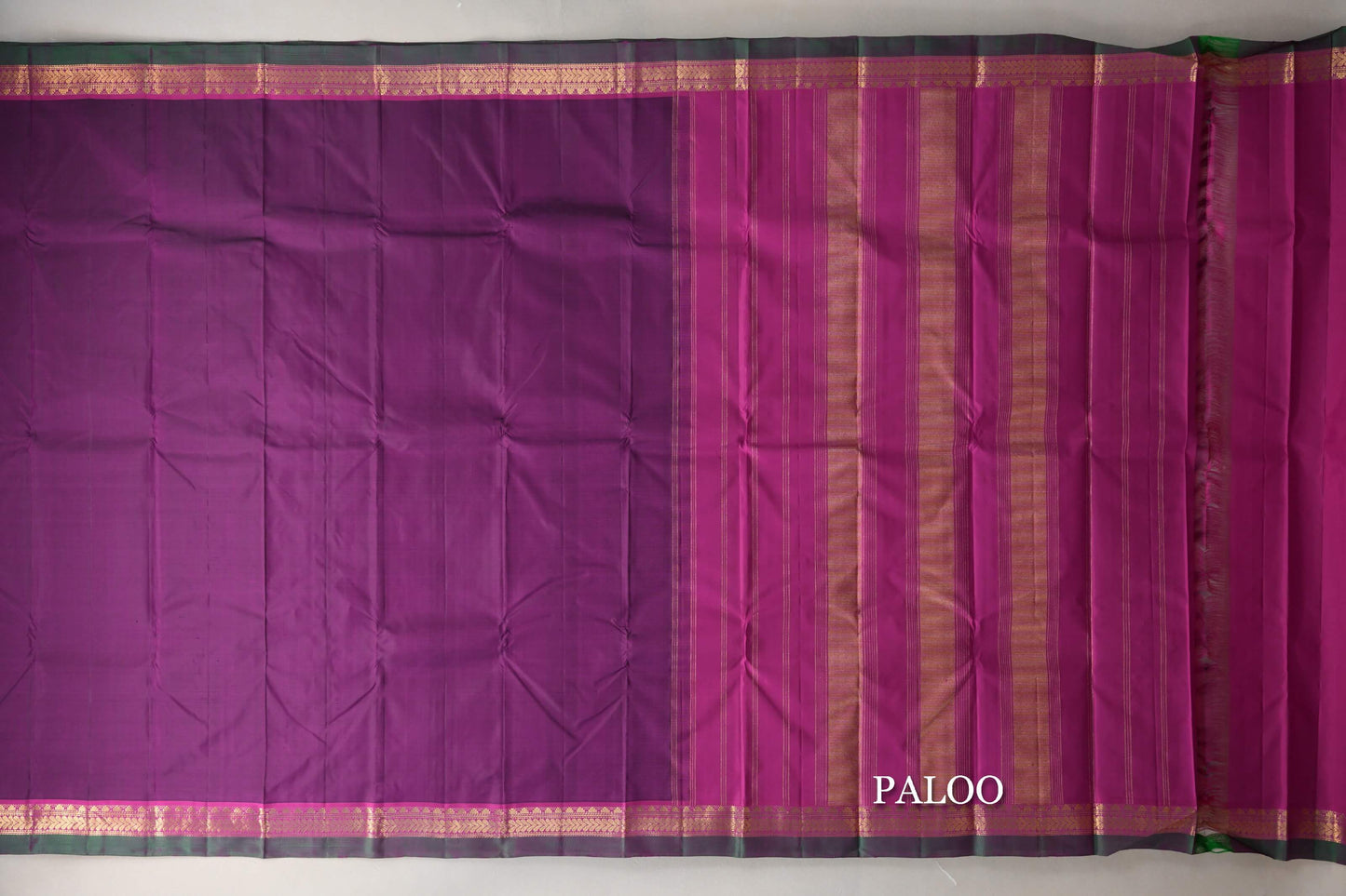 Deep Magenta with Magenta & Bottle Green Selvedge Borders Vintage Kanjivaram Silk Saree paloo