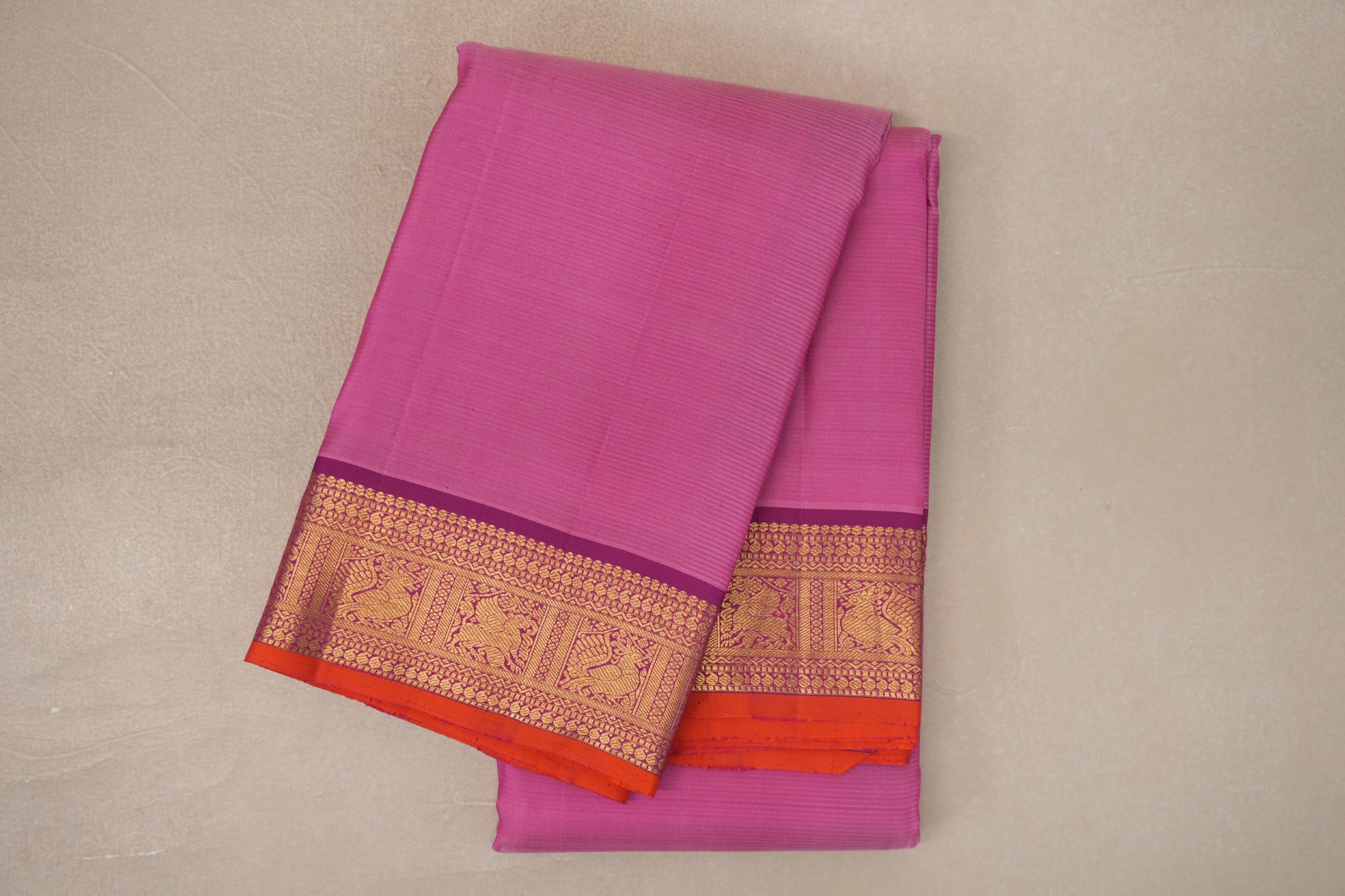 Dusty Rose Pink with Deep Magenta with Deep Orange Selvedge Borders Vintage Kanjivaram Silk Saree