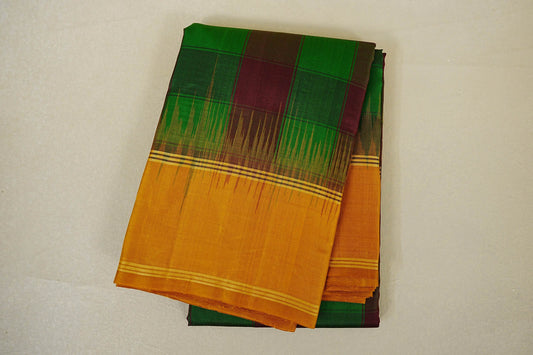 Parrot Green with Maroon Checks Light Weight Kanchipuram Silk Saree