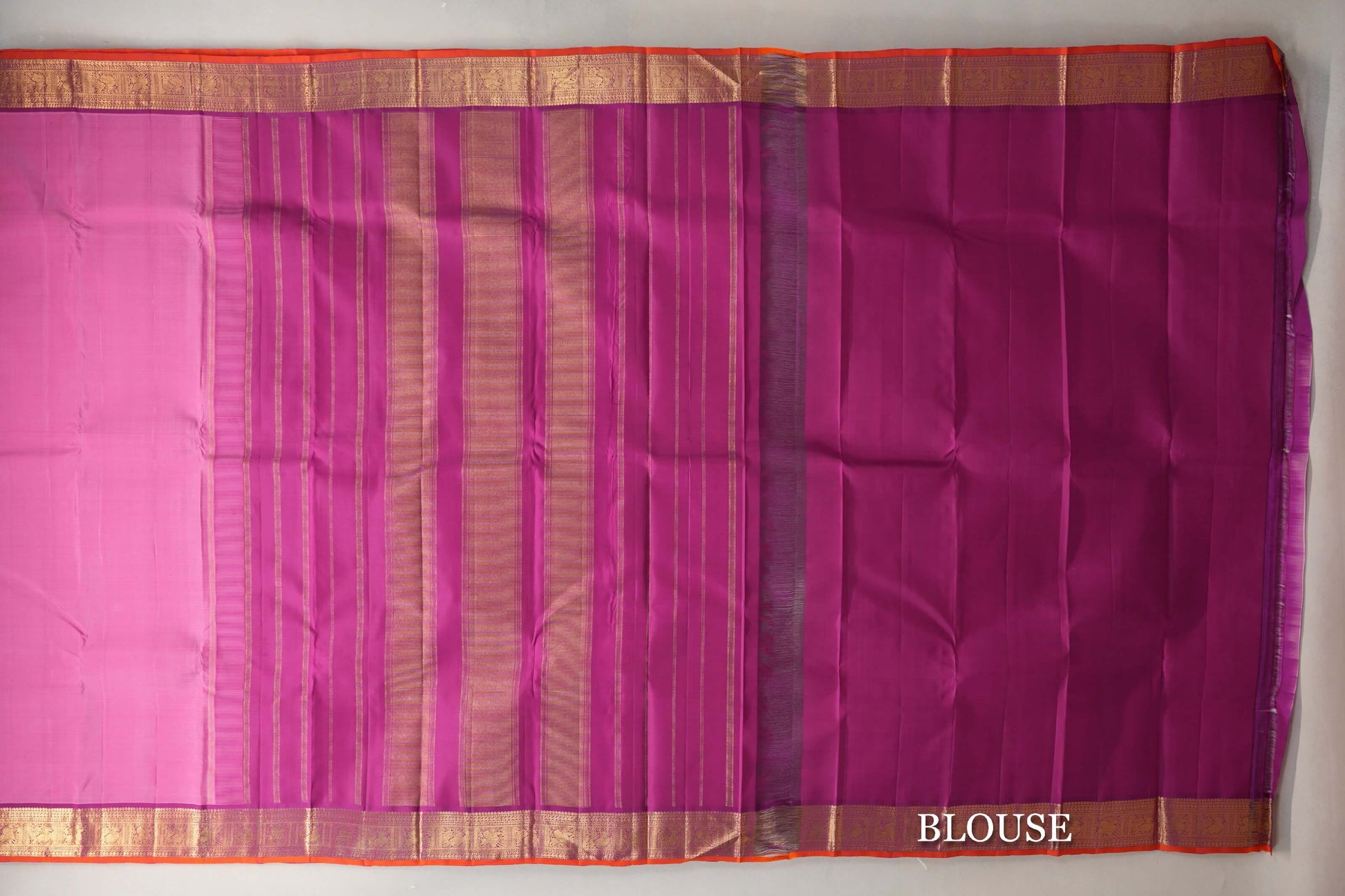 Dusty Rose Pink with Deep Magenta with Deep Orange Selvedge Borders Vintage Kanjivaram Silk Saree blouse