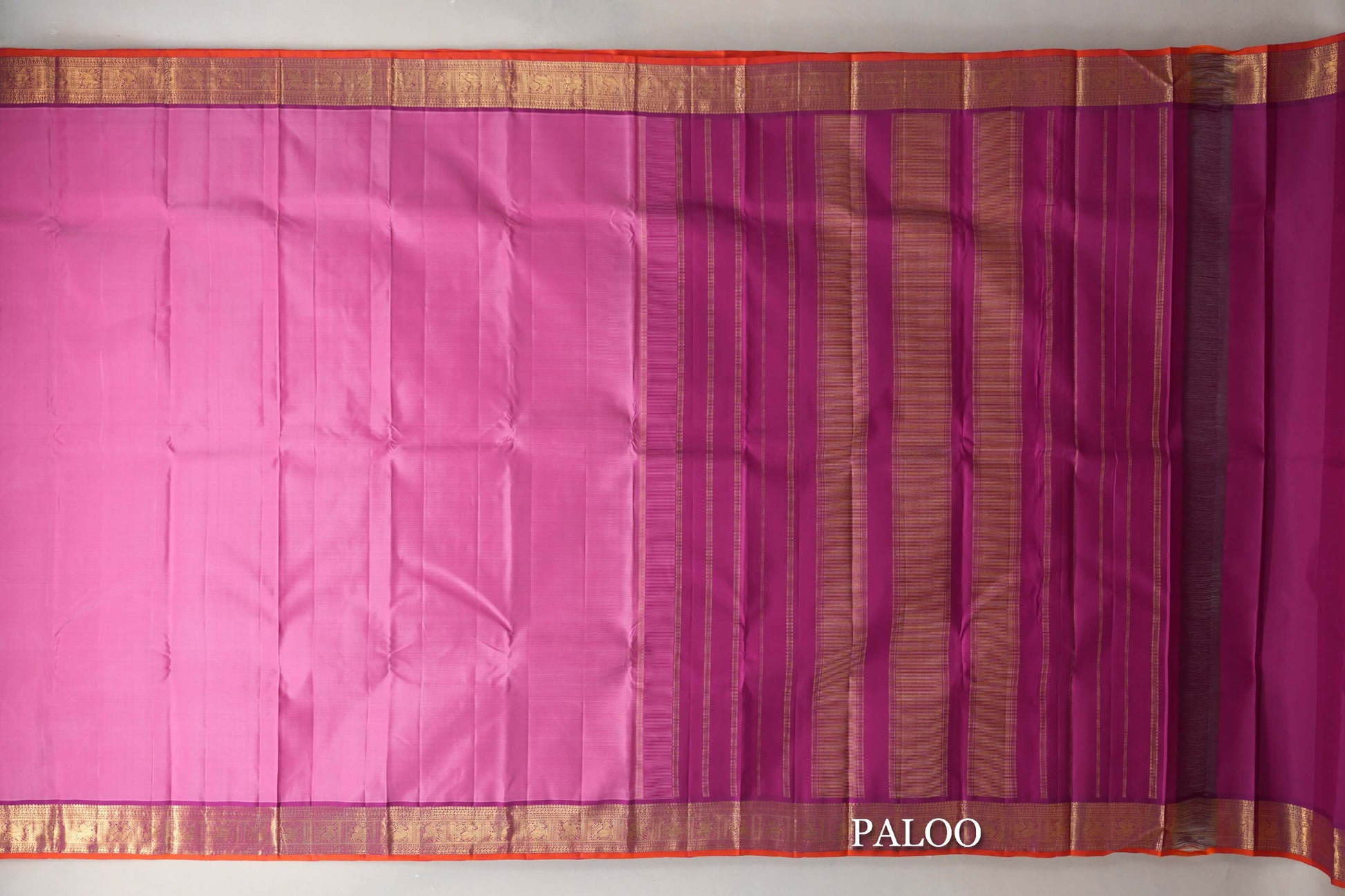 Dusty Rose Pink with Deep Magenta with Deep Orange Selvedge Borders Vintage Kanjivaram Silk Saree paloo