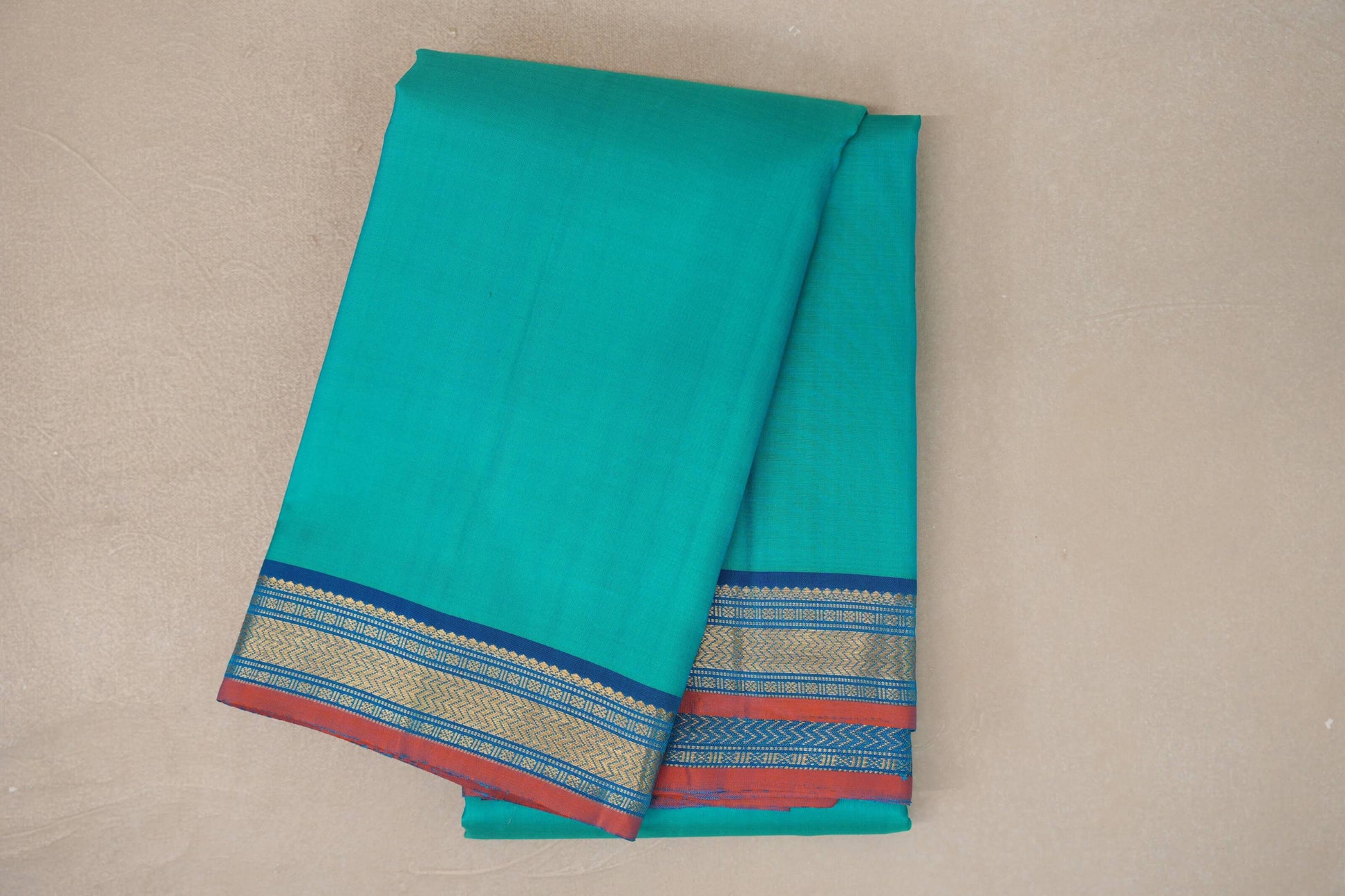Bluish Green with Classic Blue with Muted Orange Selvedge Borders Vintage Kanjivaram Silk Saree