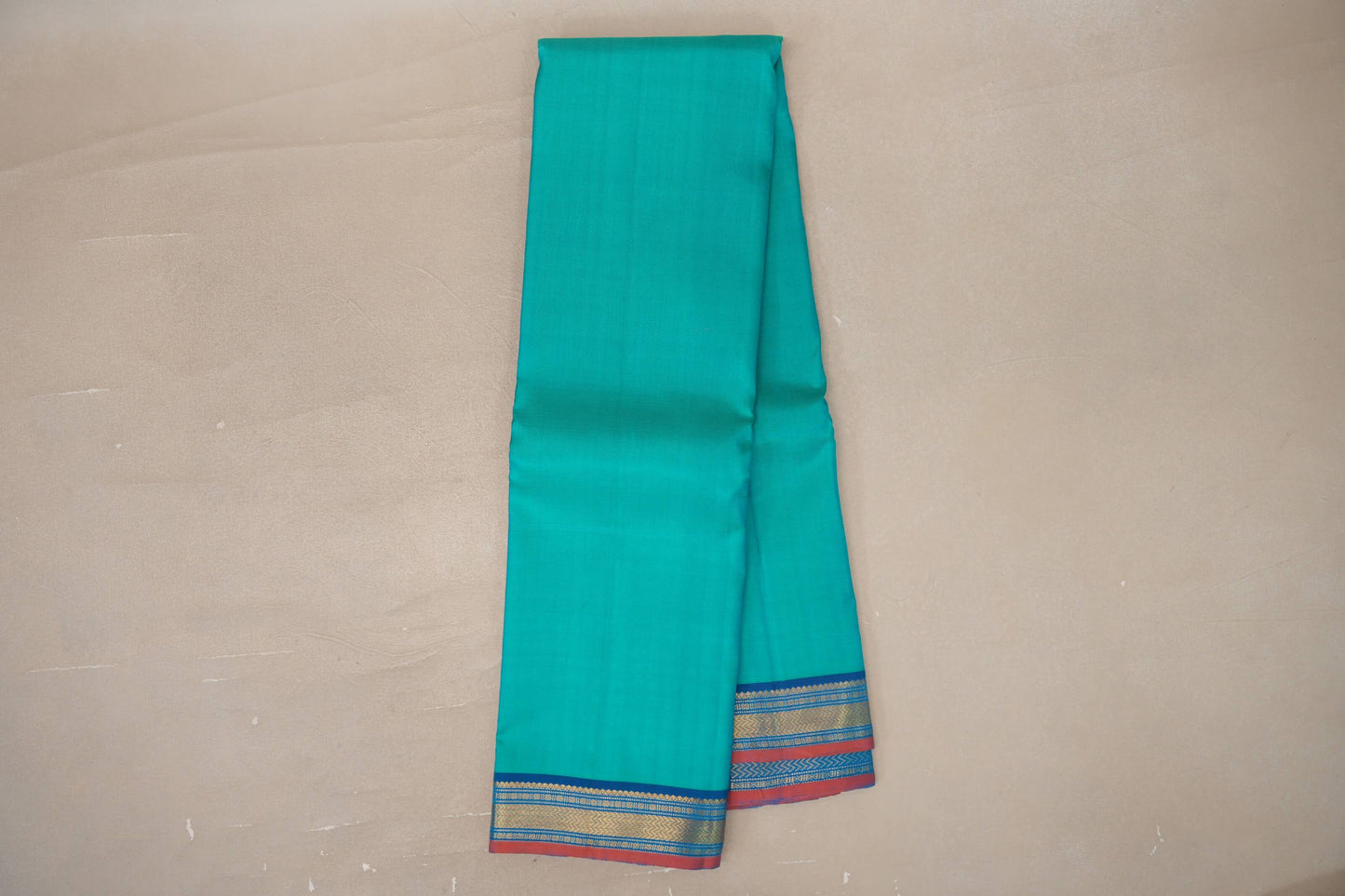 Online Bluish Green with Classic Blue with Muted Orange Selvedge Borders Vintage Kanjivaram Silk Saree