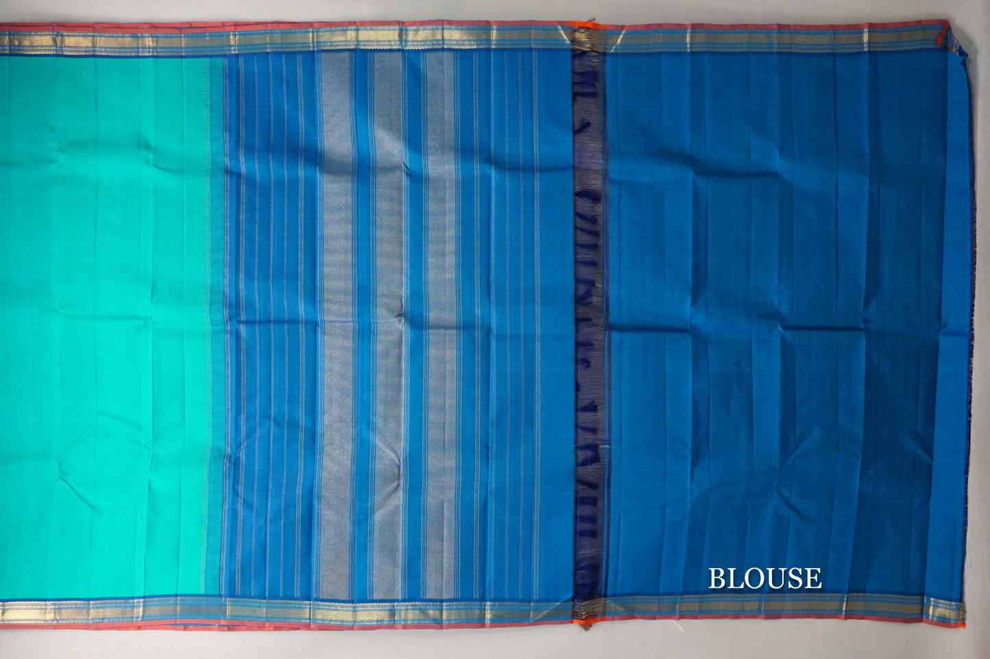 Bluish Green with Classic Blue with Muted Orange Selvedge Borders Vintage Kanjivaram Silk Saree blouse