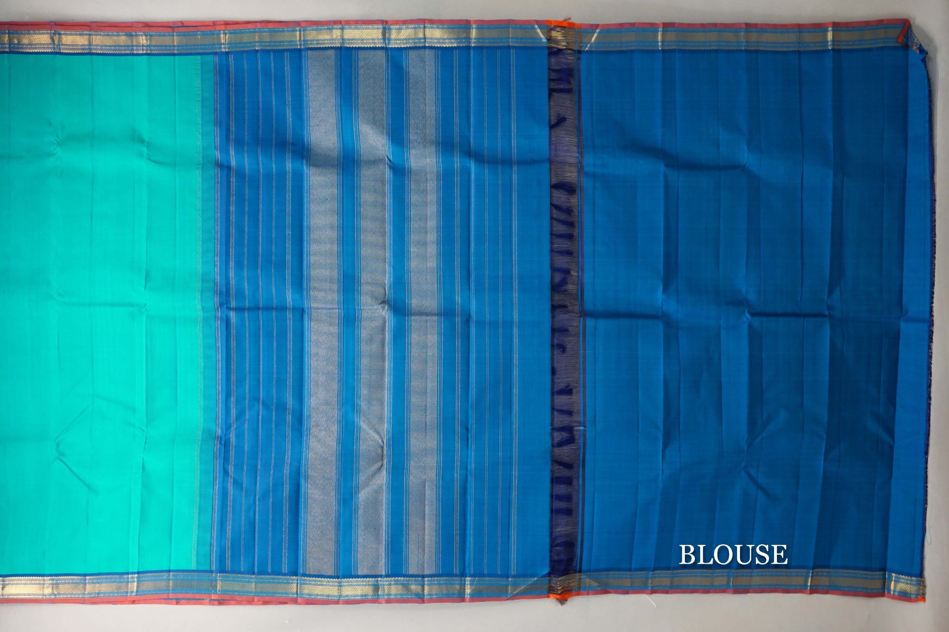 Bluish Green with Classic Blue with Muted Orange Selvedge Borders Vintage Kanjivaram Silk Saree blouse