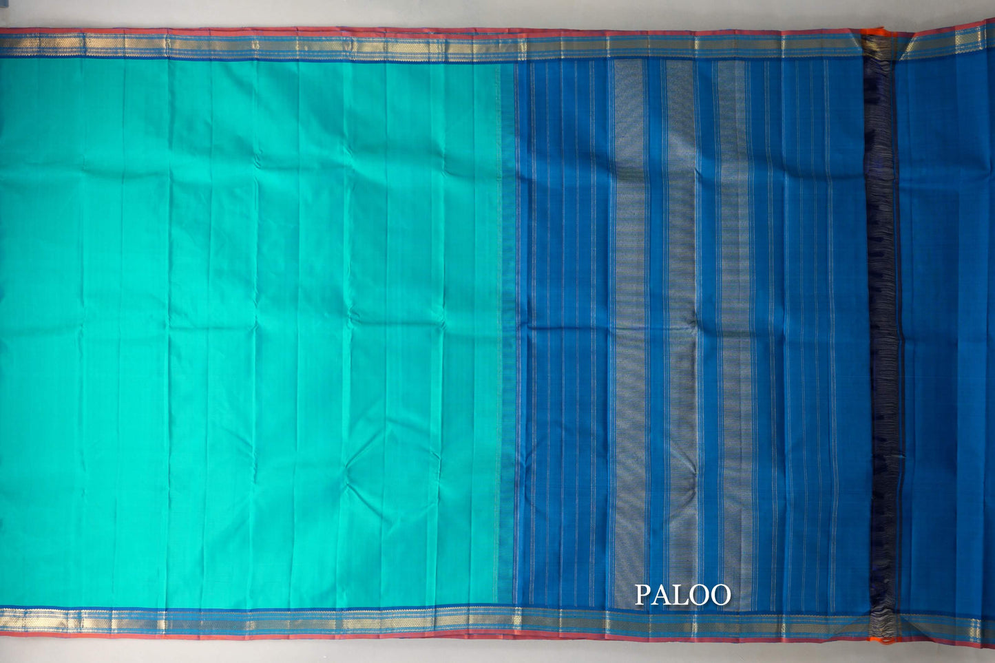 Bluish Green with Classic Blue with Muted Orange Selvedge Borders Vintage Kanjivaram Silk Saree paloo
