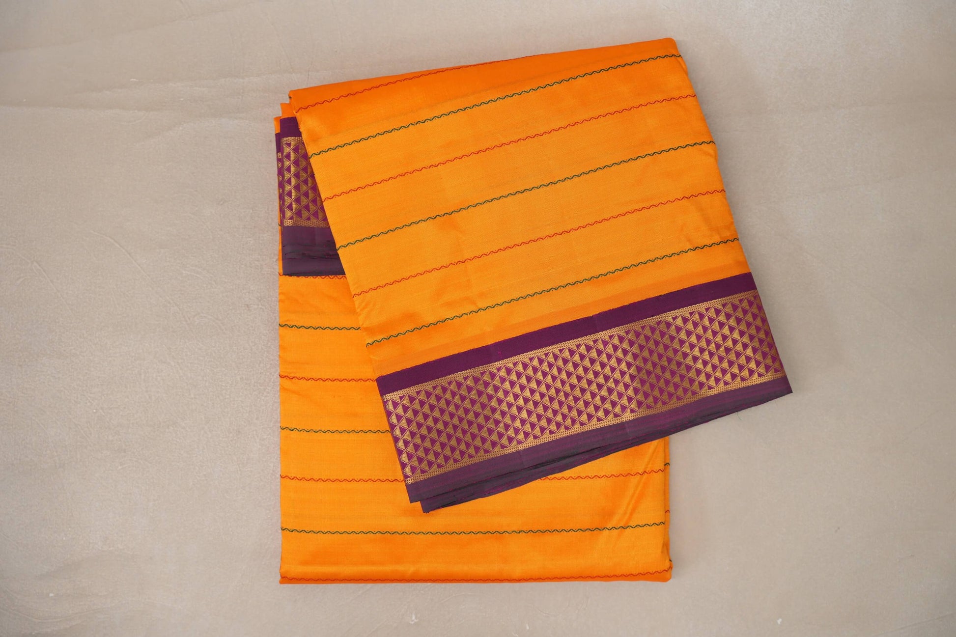 Mango Orange with Deep Magenta Borders Ten Yards Silk Saree