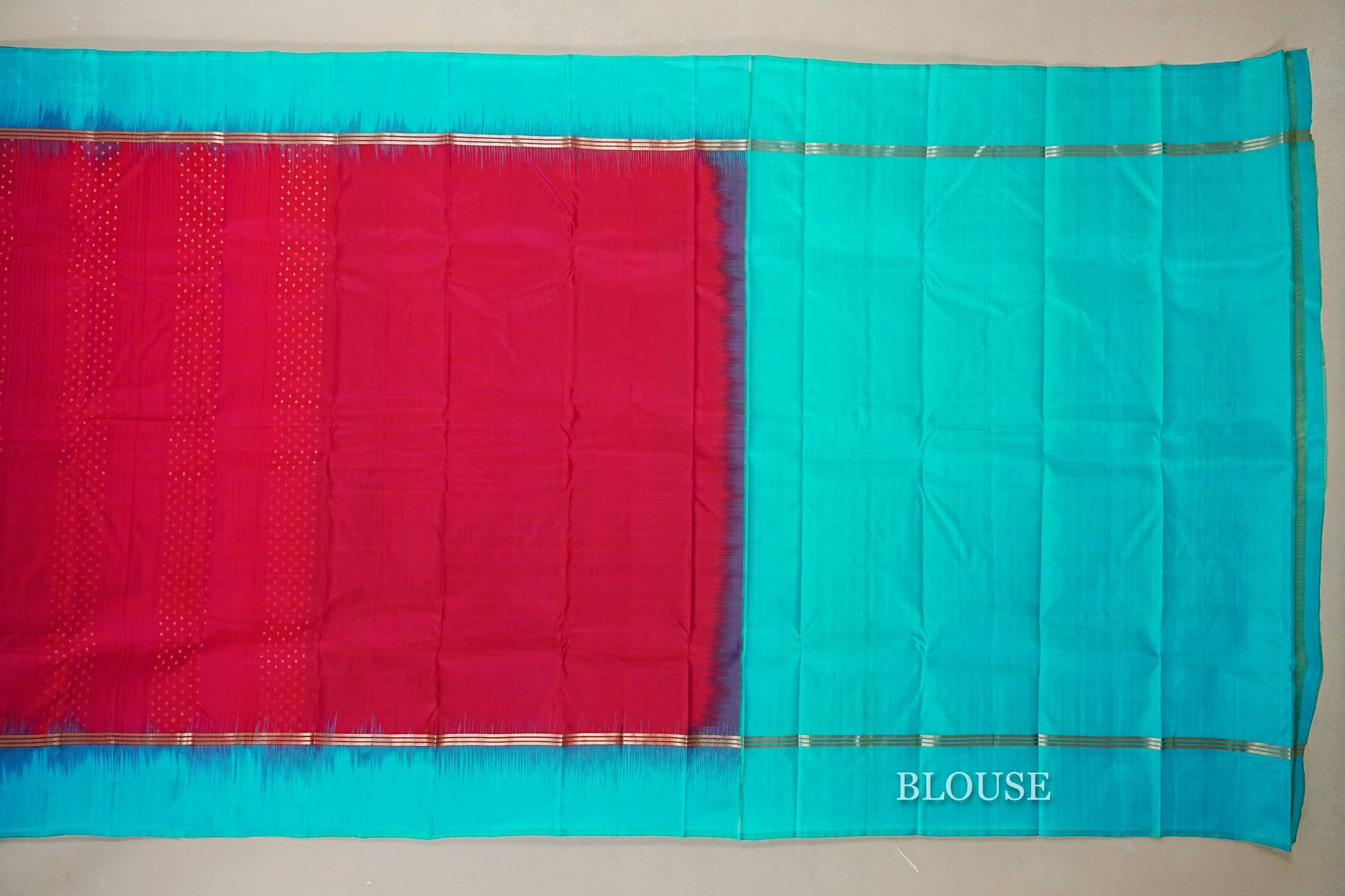 Rani Pink with Aqua Blue Borders Light Weight Kanchipuram Silk Saree blouse