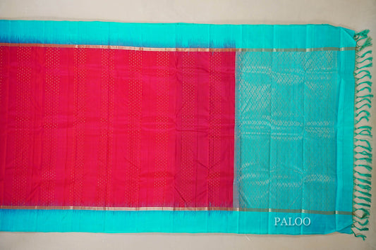 Rani Pink with Aqua Blue Borders Light Weight Kanchipuram Silk Saree paloo
