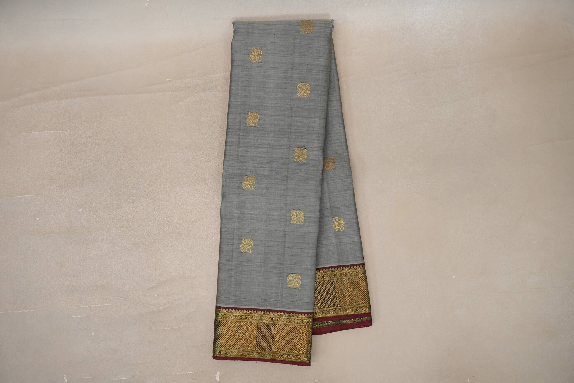 Online Silver Grey with Maroon Borders Vintage Kanjivaram Silk Saree