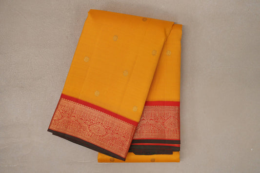 Bright Yellow with Tomato Red with Bottle Green Selvedge Borders Vintage Kanjivaram Silk Saree