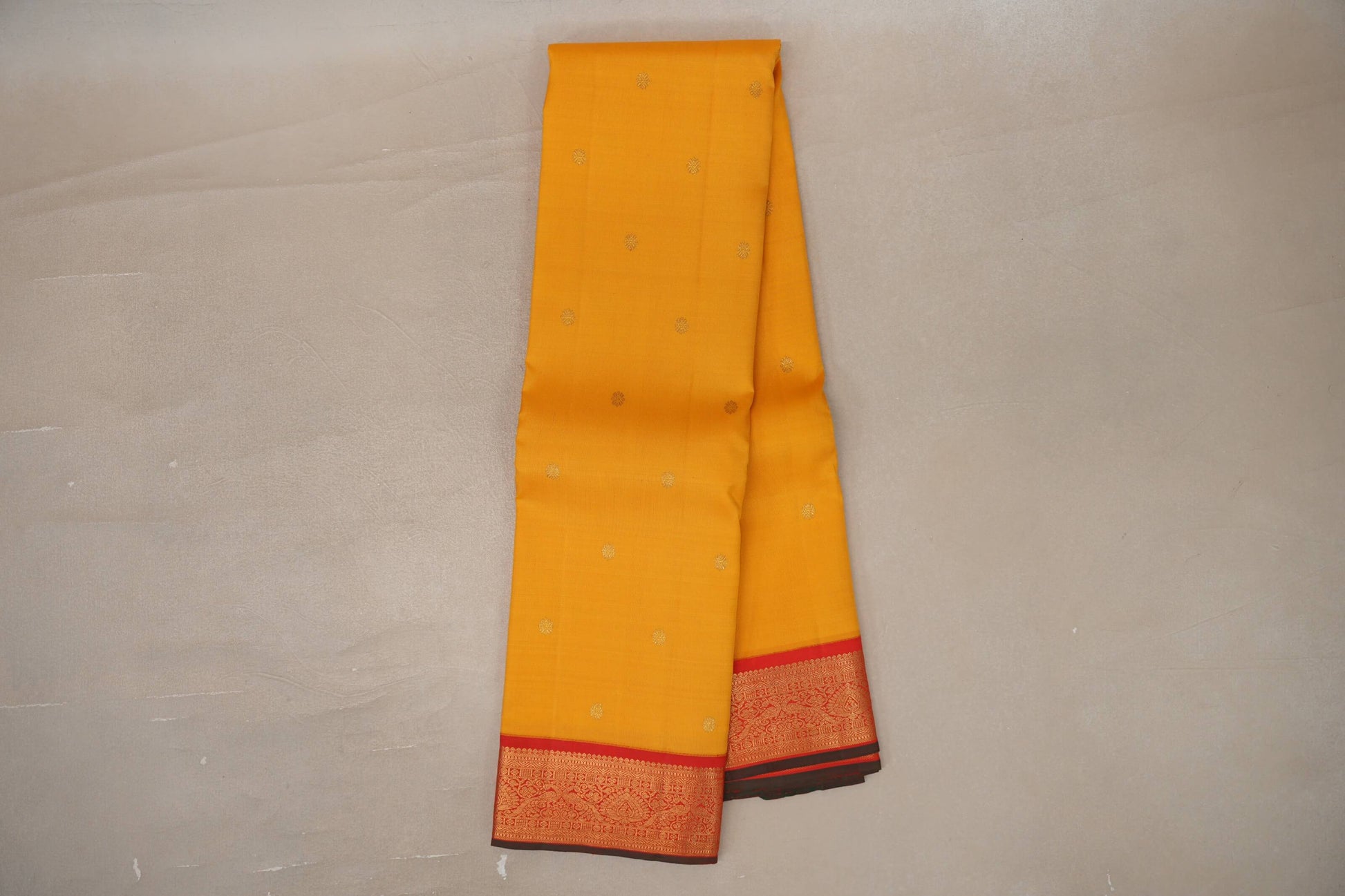 Online Bright Yellow with Tomato Red with Bottle Green Selvedge Borders Vintage Kanjivaram Silk Saree