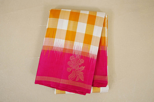 folded Mustard Orange and Off White Checks Light Weight Kanchipuram Silk Saree 