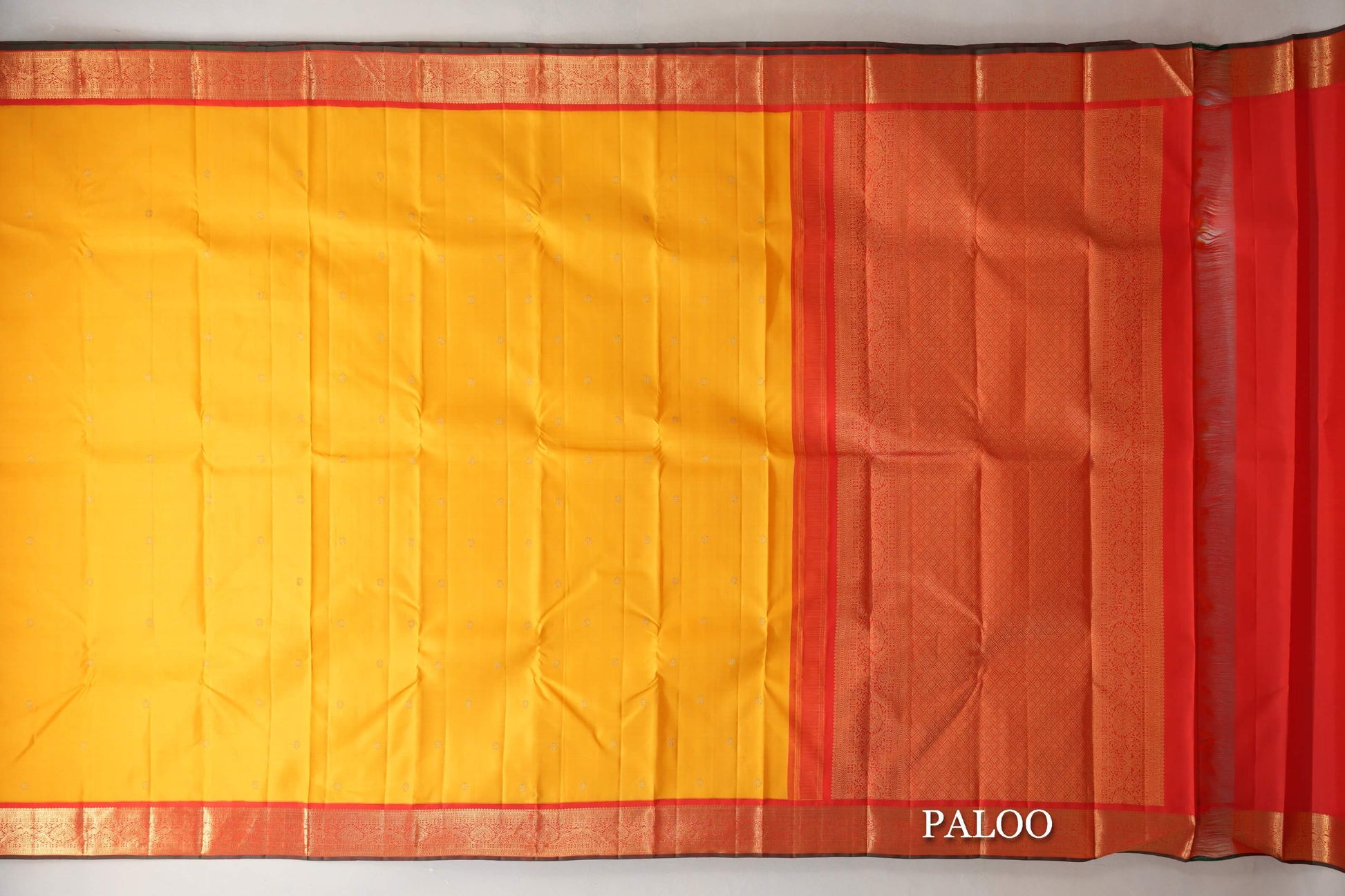 Bright Yellow with Tomato Red with Bottle Green Selvedge Borders Vintage Kanjivaram Silk Saree paloo