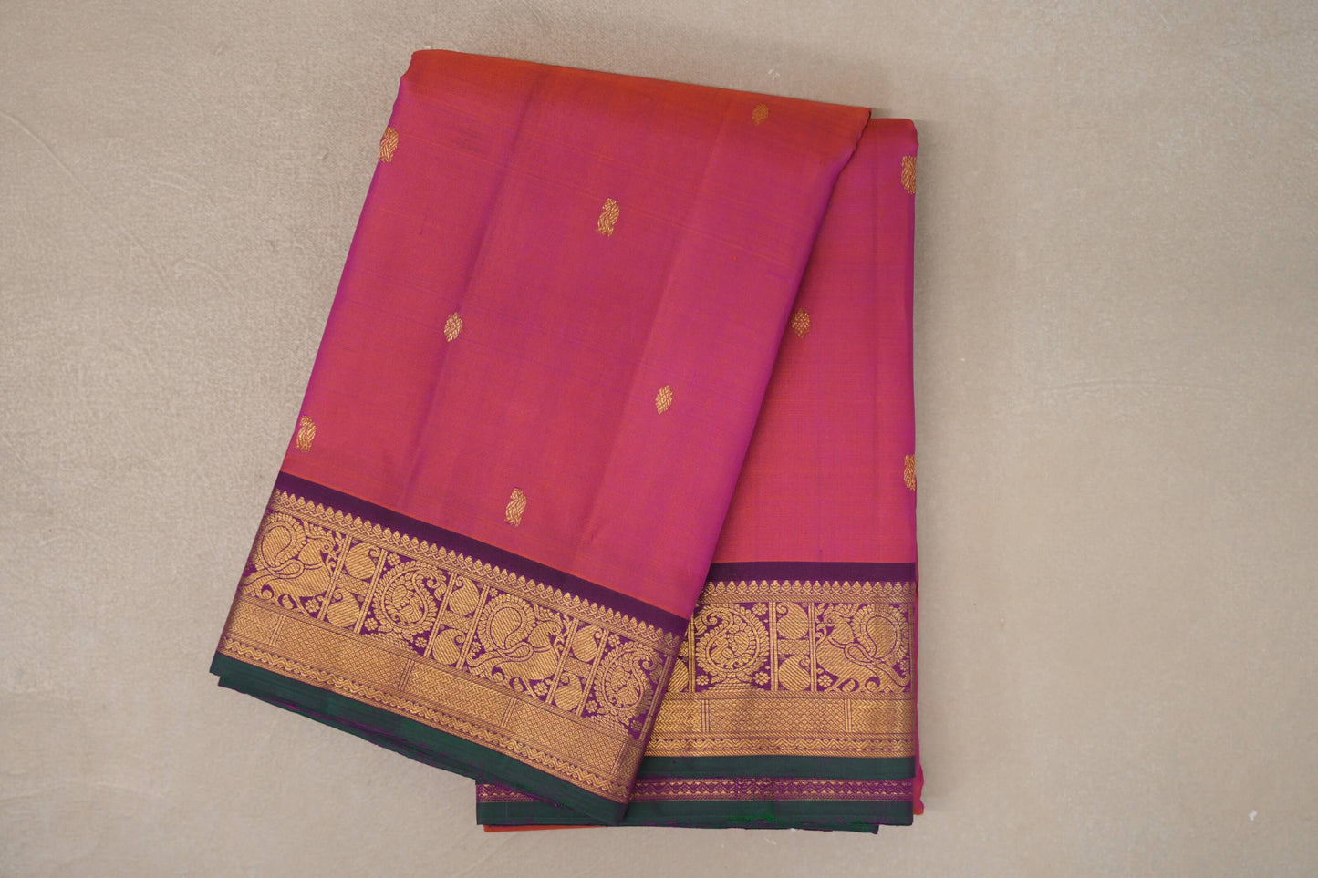 Orangish Pink with Deep Magenta with Dark Green Selvedge Borders Vintage Kanjivaram Silk Saree