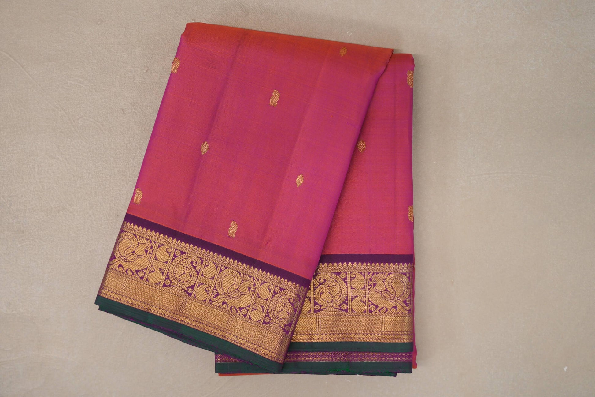 Orangish Pink with Deep Magenta with Dark Green Selvedge Borders Vintage Kanjivaram Silk Saree