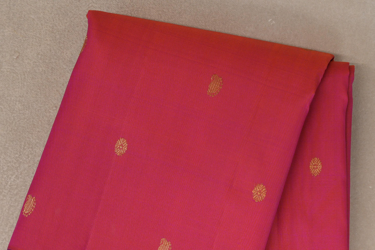 Orangish Pink with Deep Magenta with Dark Bottle Green Selvedge Borders Vintage Kanjivaram Silk Saree body