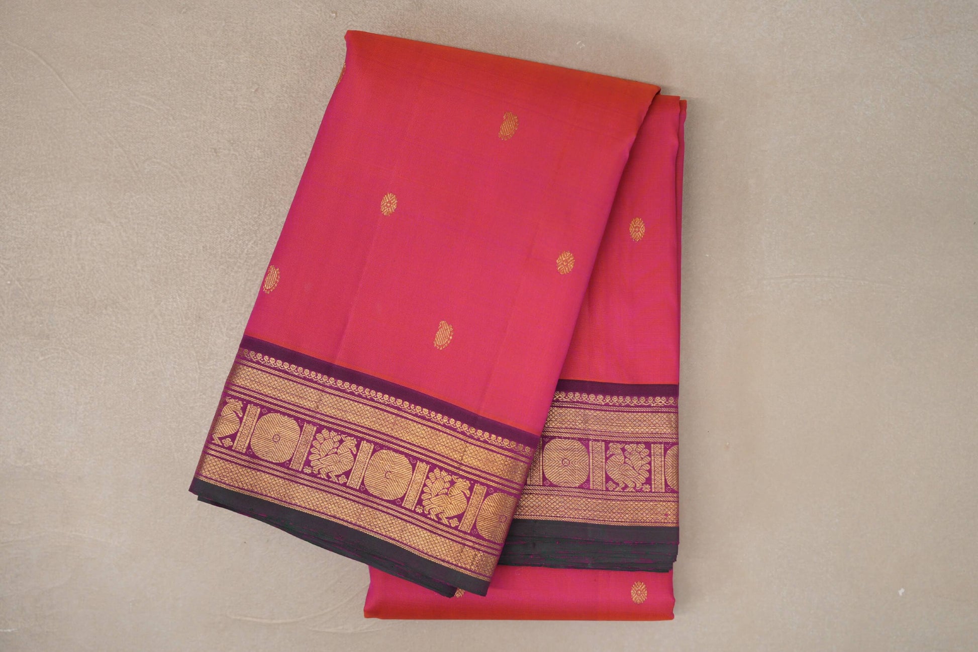 Orangish Pink with Deep Magenta with Dark Bottle Green Selvedge Borders Vintage Kanjivaram Silk Saree