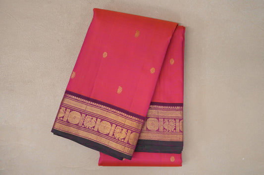 Orangish Pink with Deep Magenta with Dark Bottle Green Selvedge Borders Vintage Kanjivaram Silk Saree