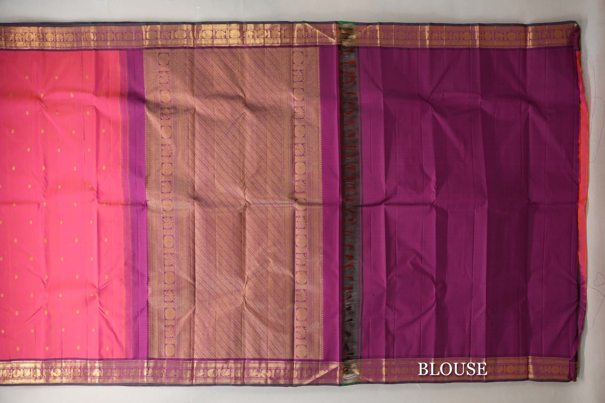 Orangish Pink with Deep Magenta with Dark Bottle Green Selvedge Borders Vintage Kanjivaram Silk Saree blouse