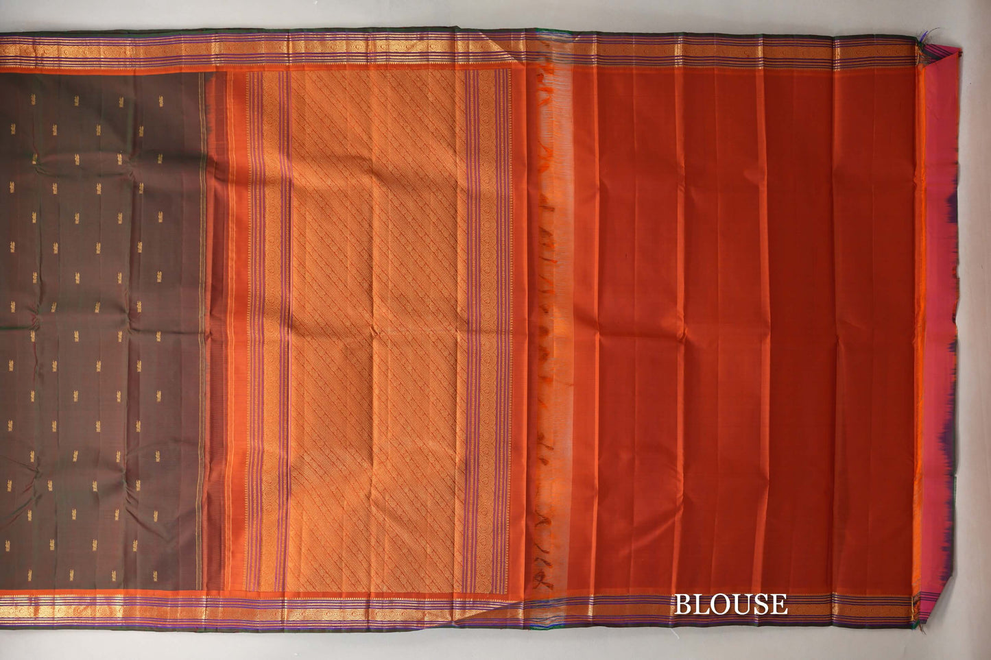 Dual Tone of Green & Orange Vintage Kanjivaram Silk Saree blouse