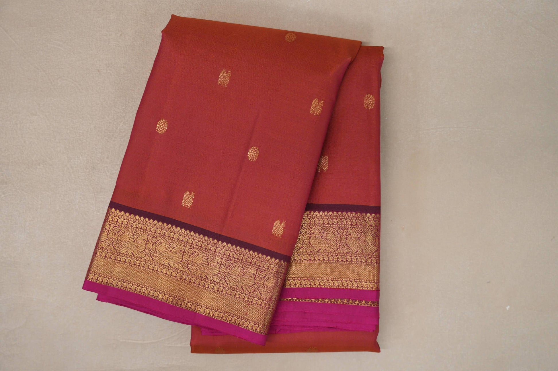 Dual Tone of Rust Orange & Magenta Vintage Kanjivaram Silk Saree