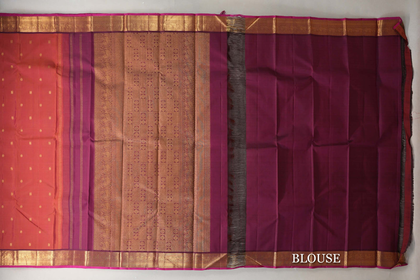 Dual Tone of Rust Orange & Magenta Vintage Kanjivaram Silk Saree blouse