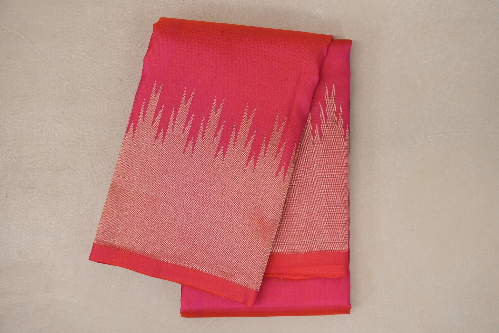 Orangish Pink with Temple Borders Light Weight Kanjivaram Silk Saree