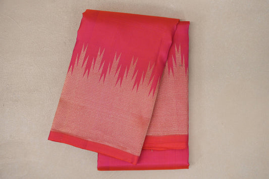 Orangish Pink with Temple Borders Light Weight Kanjivaram Silk Saree