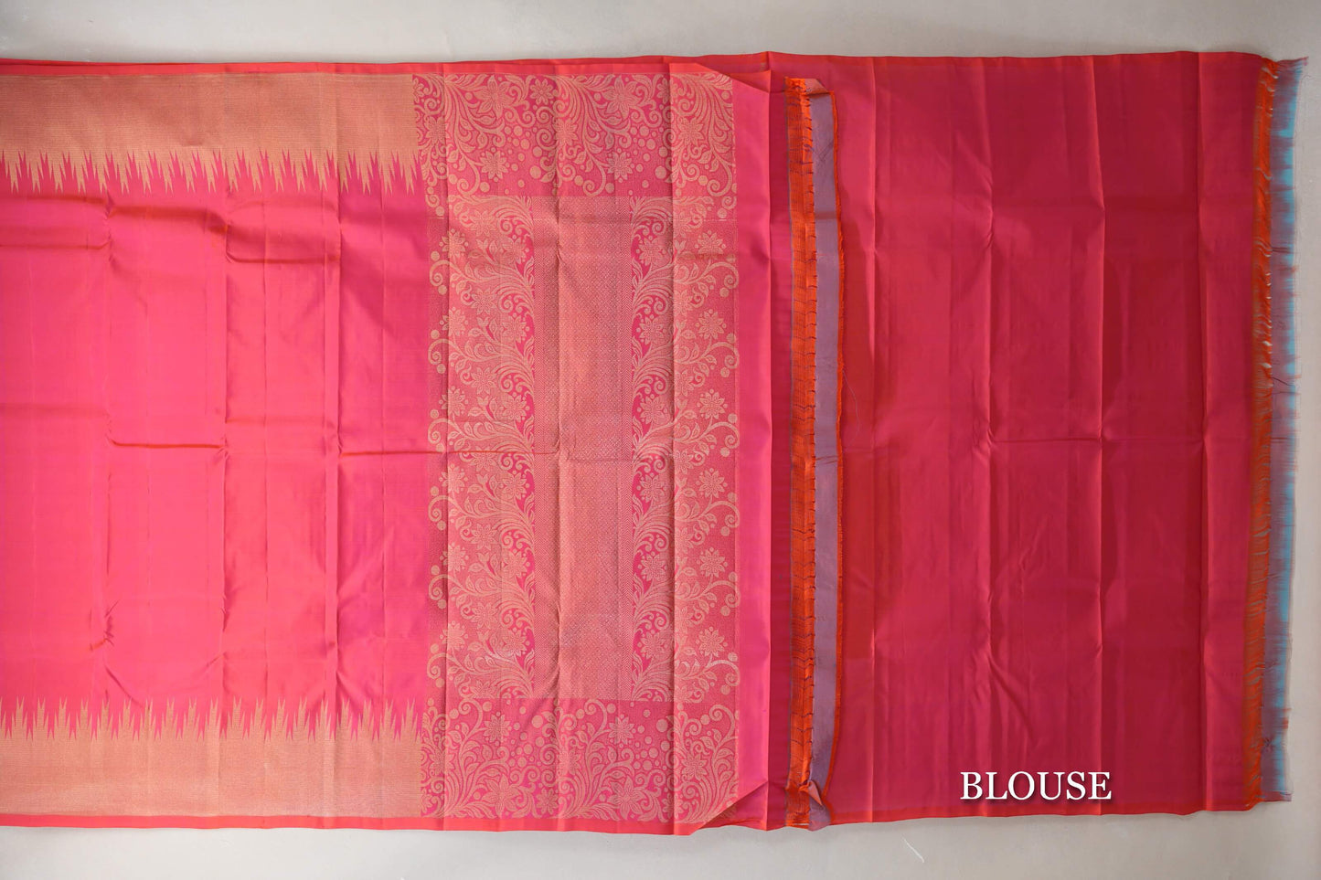 Orangish Pink with Temple Borders Light Weight Kanjivaram Silk Saree blouse