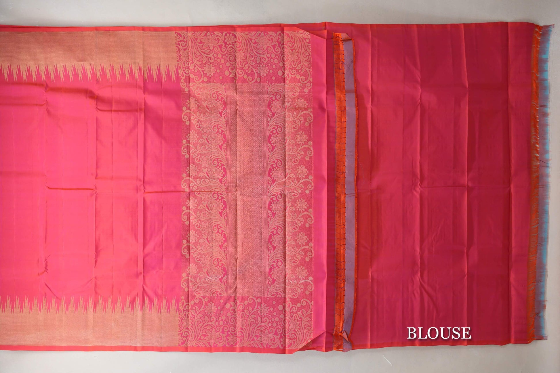 Orangish Pink with Temple Borders Light Weight Kanjivaram Silk Saree blouse