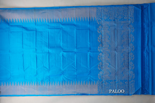 Deep Sky Blue with Temple Borders Light Weight Kanjivaram Silk Saree paloo