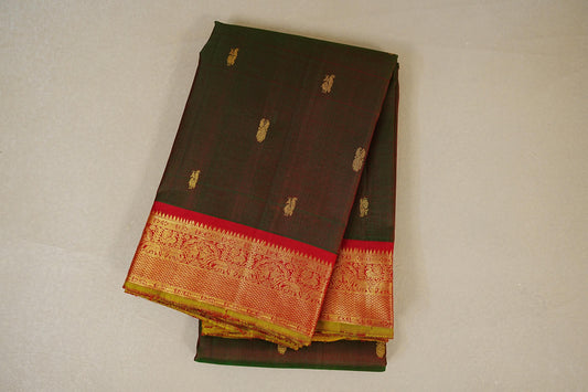 folded Manthulir Green with Red Borders and Green Selvedge Vintage Kanjivaram Silk Saree 