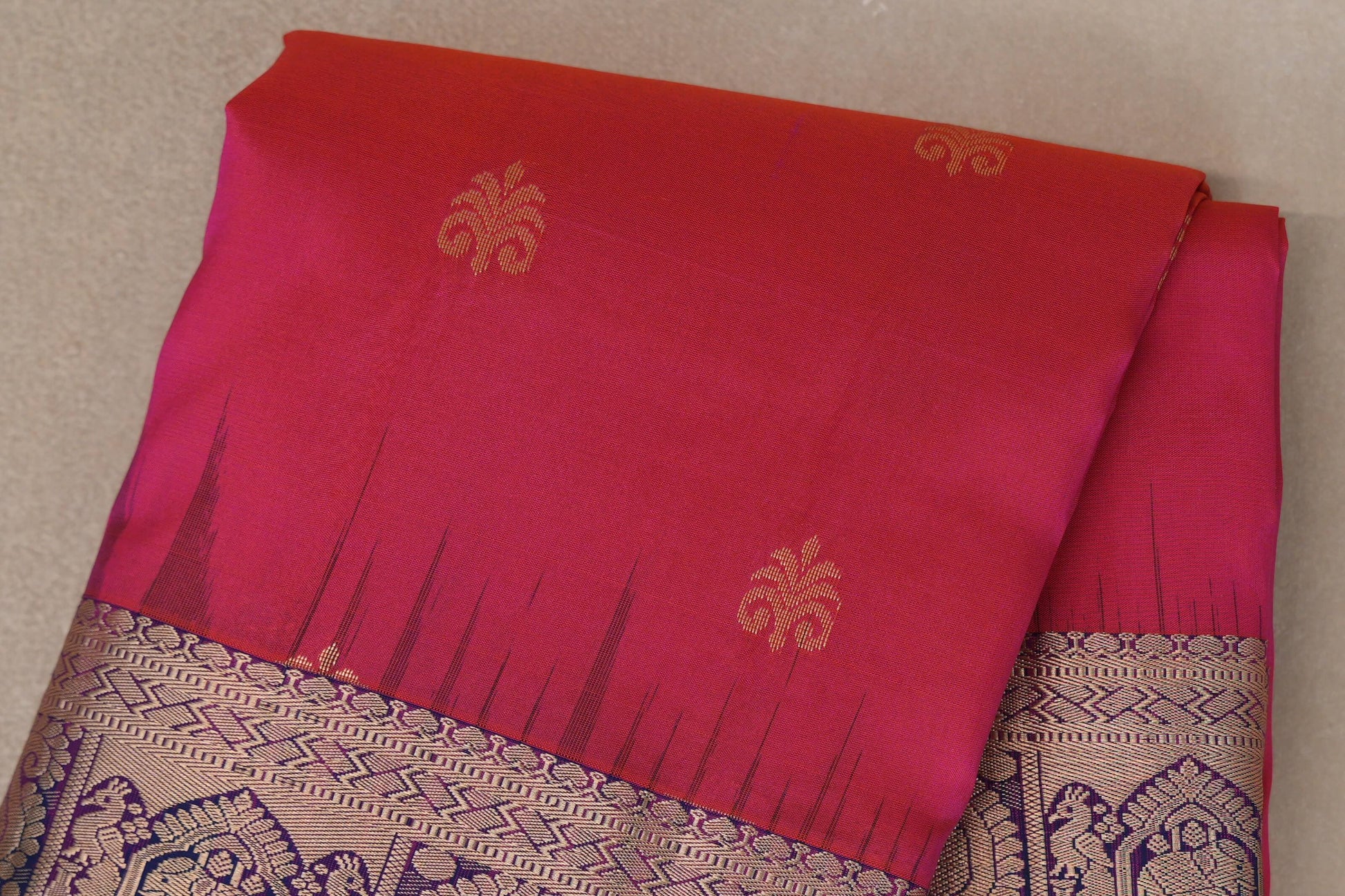 Orangish Pink with Deep Blue Borders Light Weight Kanjivaram Silk Saree body