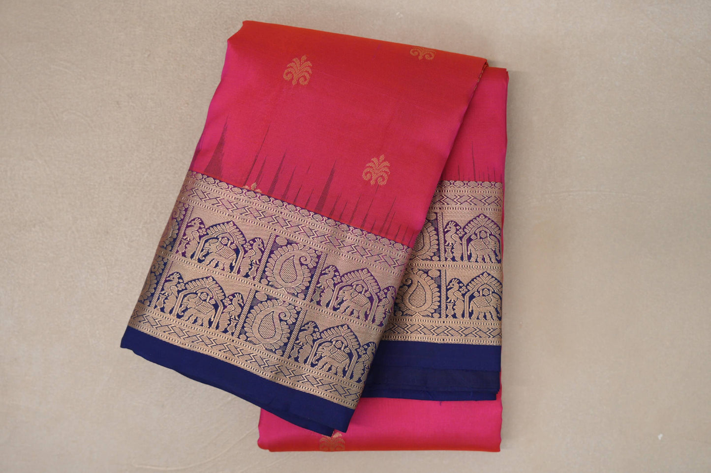 Orangish Pink with Deep Blue Borders Light Weight Kanjivaram Silk Saree