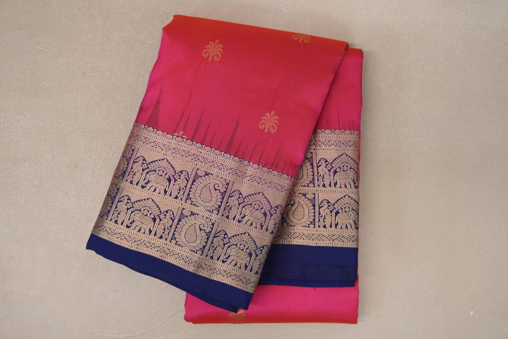 Orangish Pink with Deep Blue Borders Light Weight Kanjivaram Silk Saree