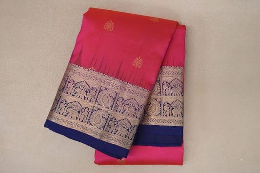 Orangish Pink with Deep Blue Borders Light Weight Kanjivaram Silk Saree