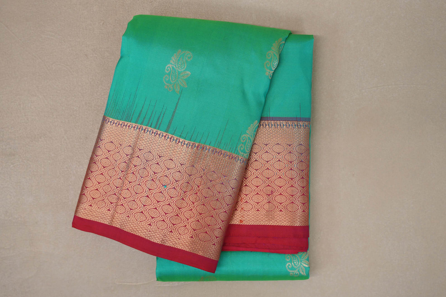 Bluish Green with Bright Pink Borders Light Weight Kanjivaram Silk Saree