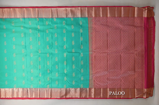 Bluish Green with Bright Pink Borders Light Weight Kanjivaram Silk Saree paloo