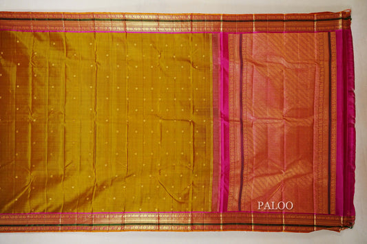 Mustard Yellow with Olive Green Dual Tone Vintage Kanjivaram Silk Saree  paloo