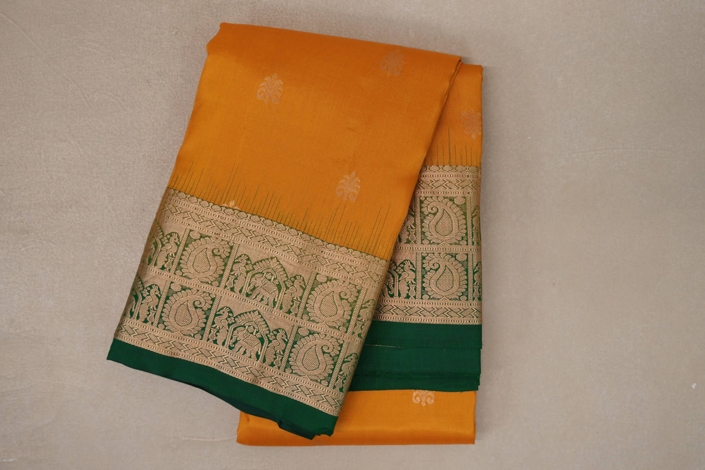 Bright Mango Yellow with Bottle Green Borders Light Weight Kanjivaram Silk Saree
