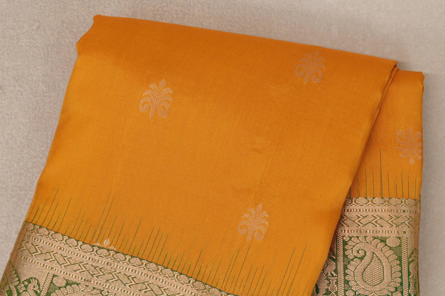 Bright Mango Yellow with Bottle Green Borders Light Weight Kanjivaram Silk Saree body