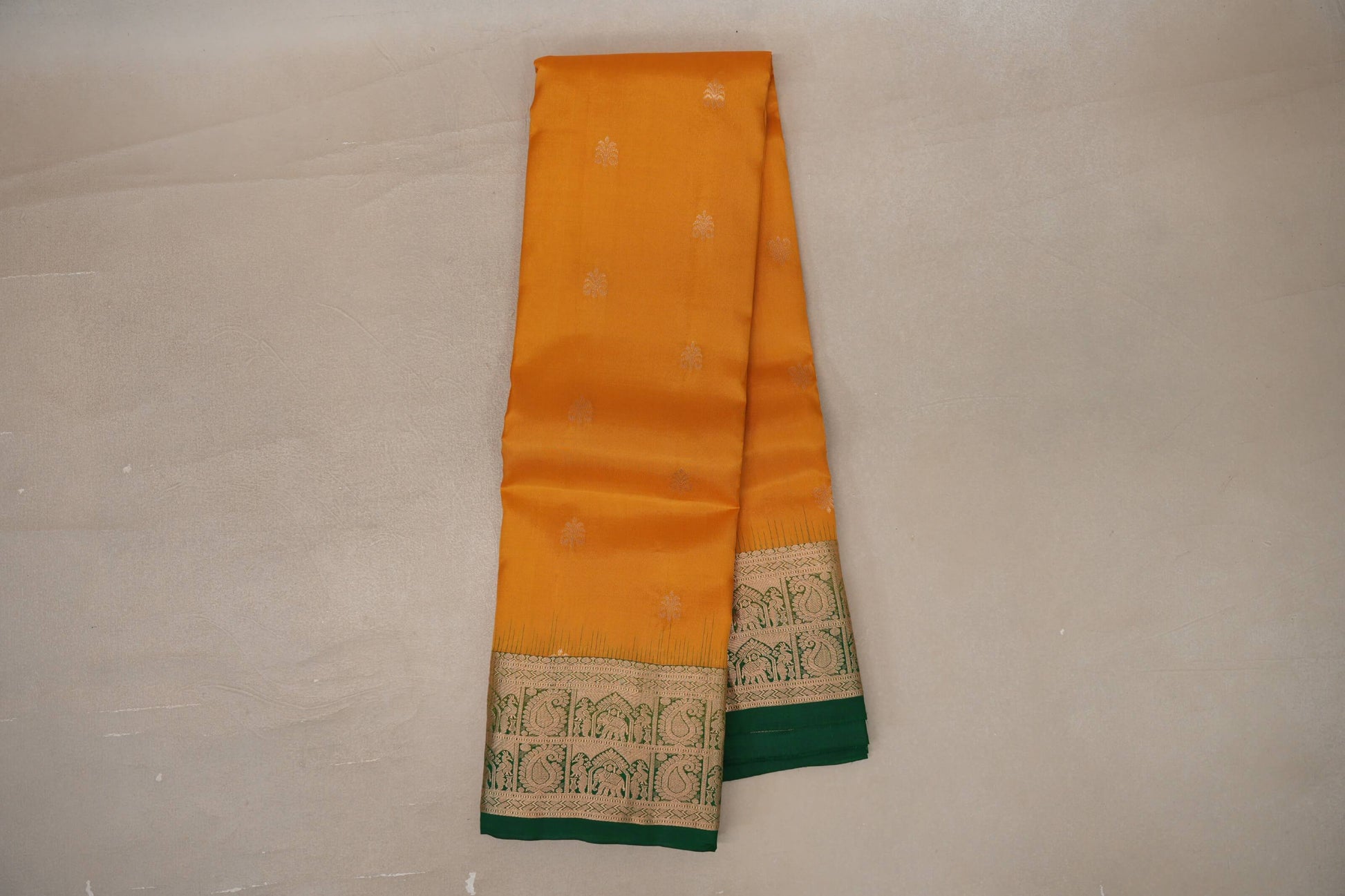 Online Bright Mango Yellow with Bottle Green Borders Light Weight Kanjivaram Silk Saree