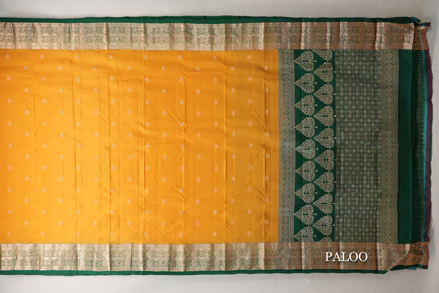 Bright Mango Yellow with Bottle Green Borders Light Weight Kanjivaram Silk Saree paloo