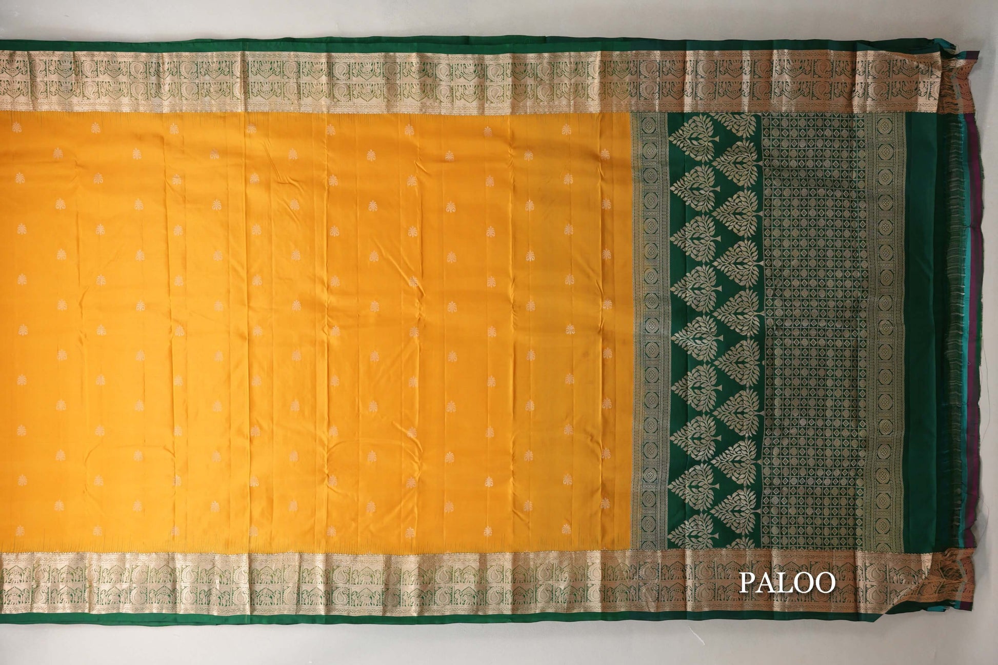 Bright Mango Yellow with Bottle Green Borders Light Weight Kanjivaram Silk Saree paloo
