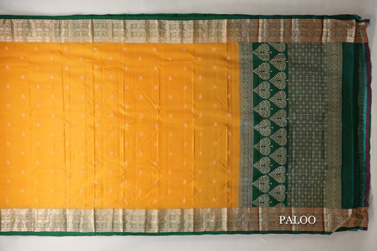 Bright Mango Yellow with Bottle Green Borders Light Weight Kanjivaram Silk Saree paloo