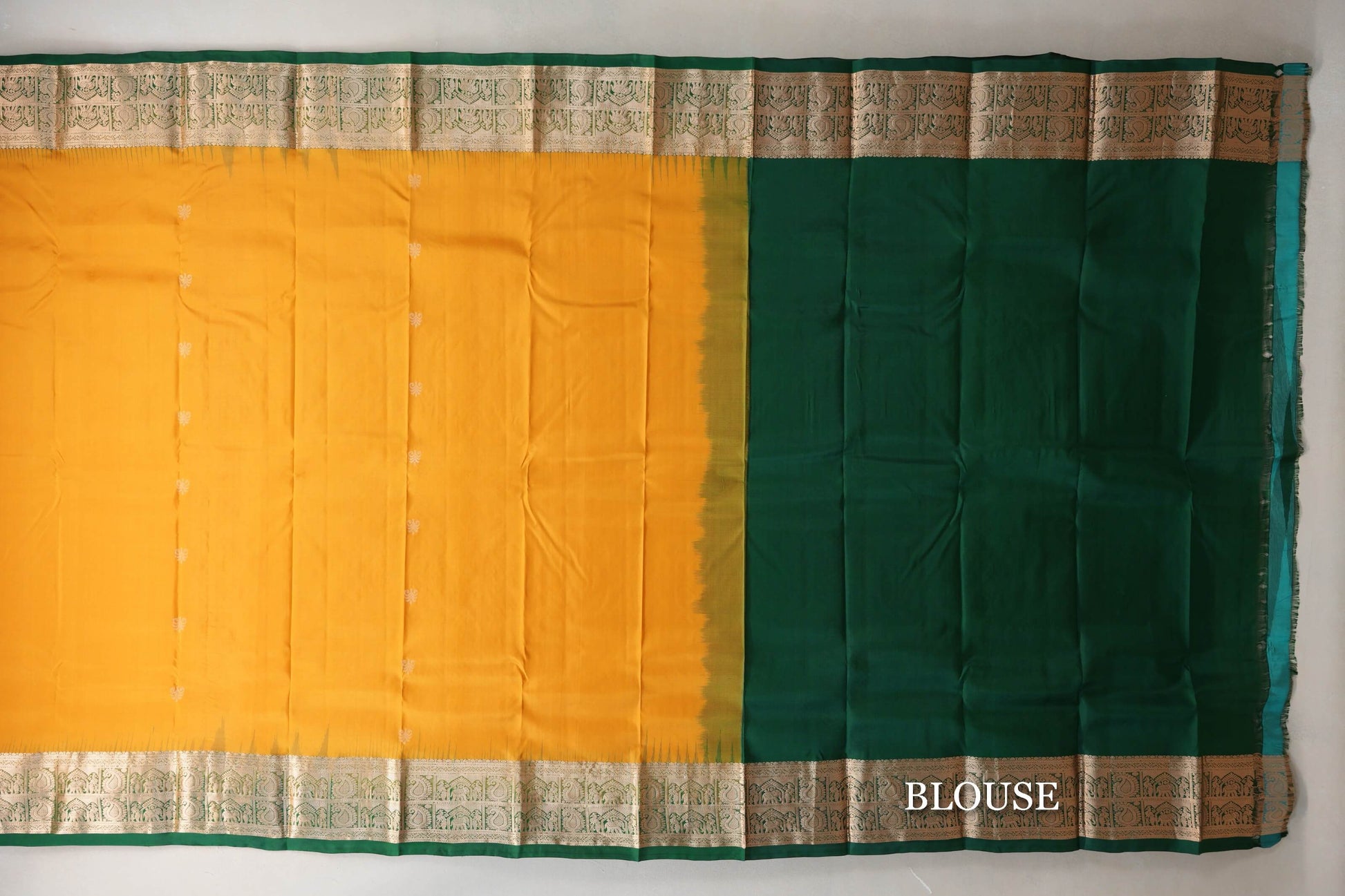 Bright Mango Yellow with Bottle Green Borders Light Weight Kanjivaram Silk Saree blouse