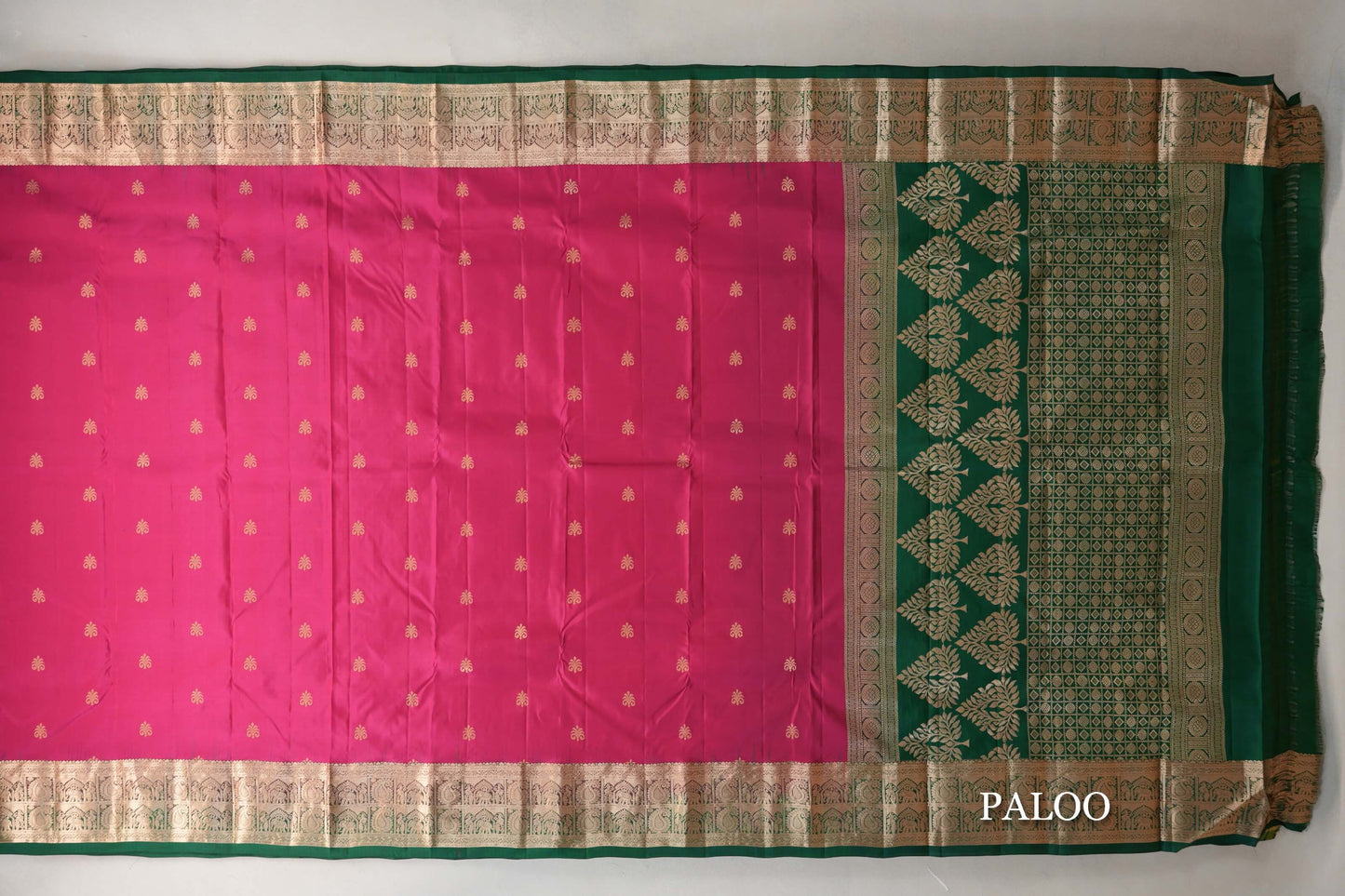 Rani Pink with Bottle Green Borders Light Weight Kanjivaram Silk Saree paloo